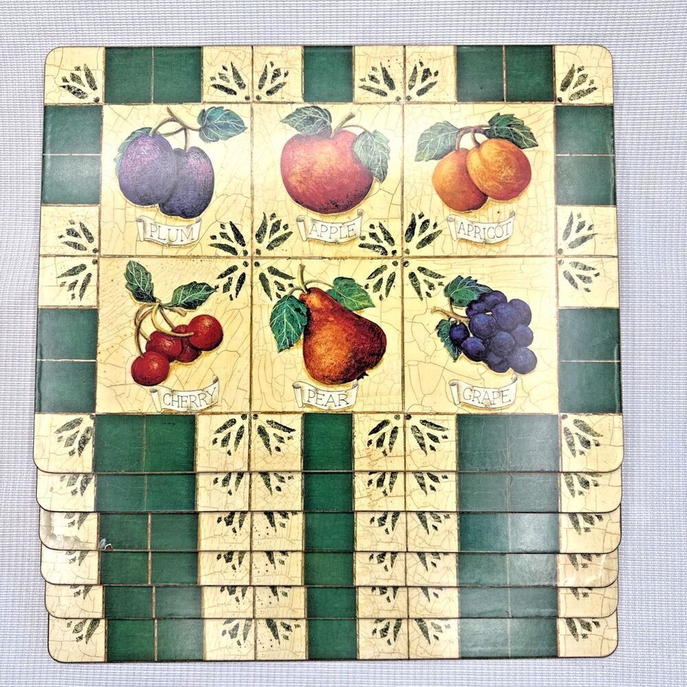 Set of 6 Vintage Pimpernel Fruit Placemat Hard Sturdy Cork Back